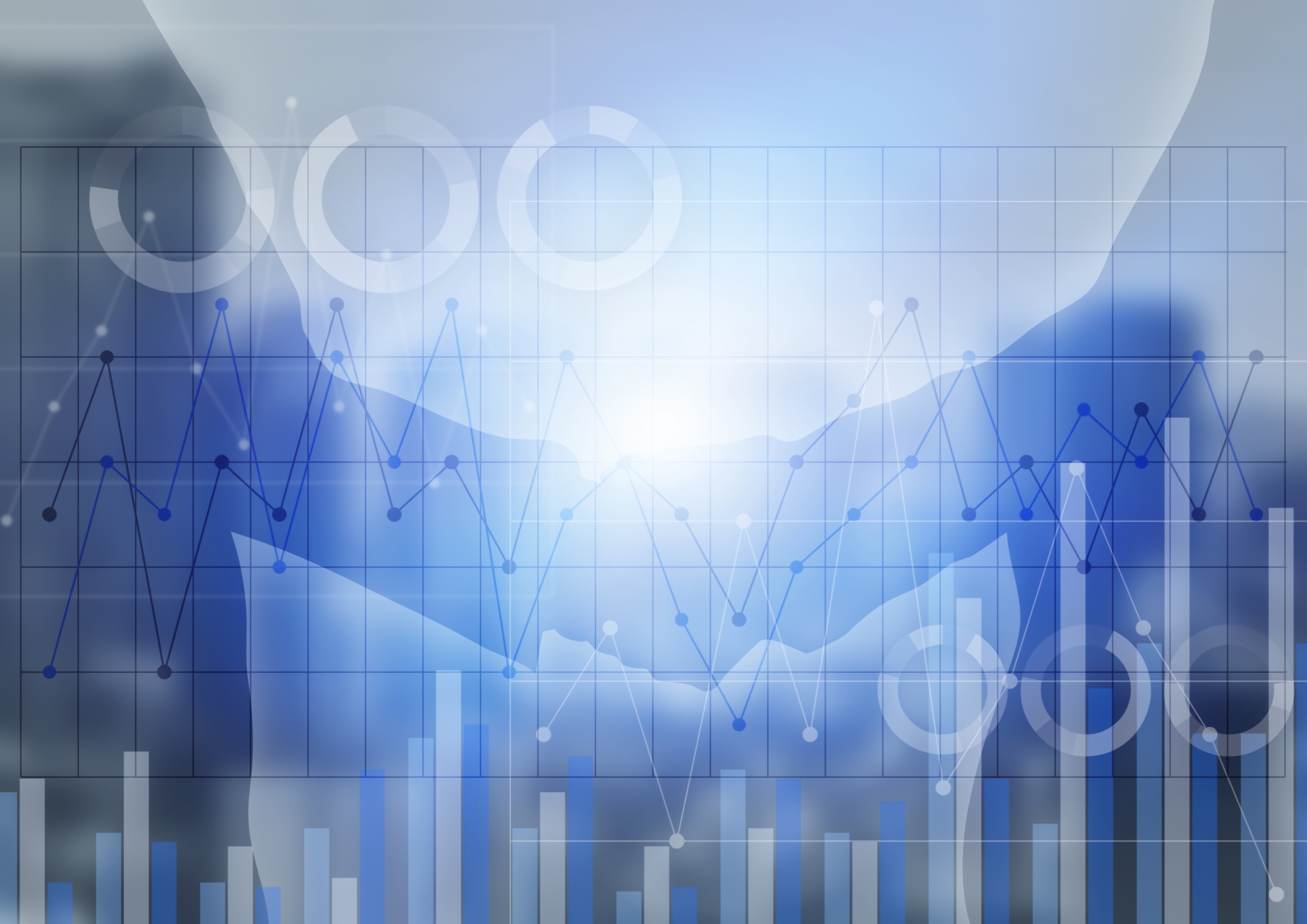 BtoBオウンドメディア運用の効果測定と成功事例を裏付ける、複雑なデータ分析とマーケティング指標の抽象イメージ。