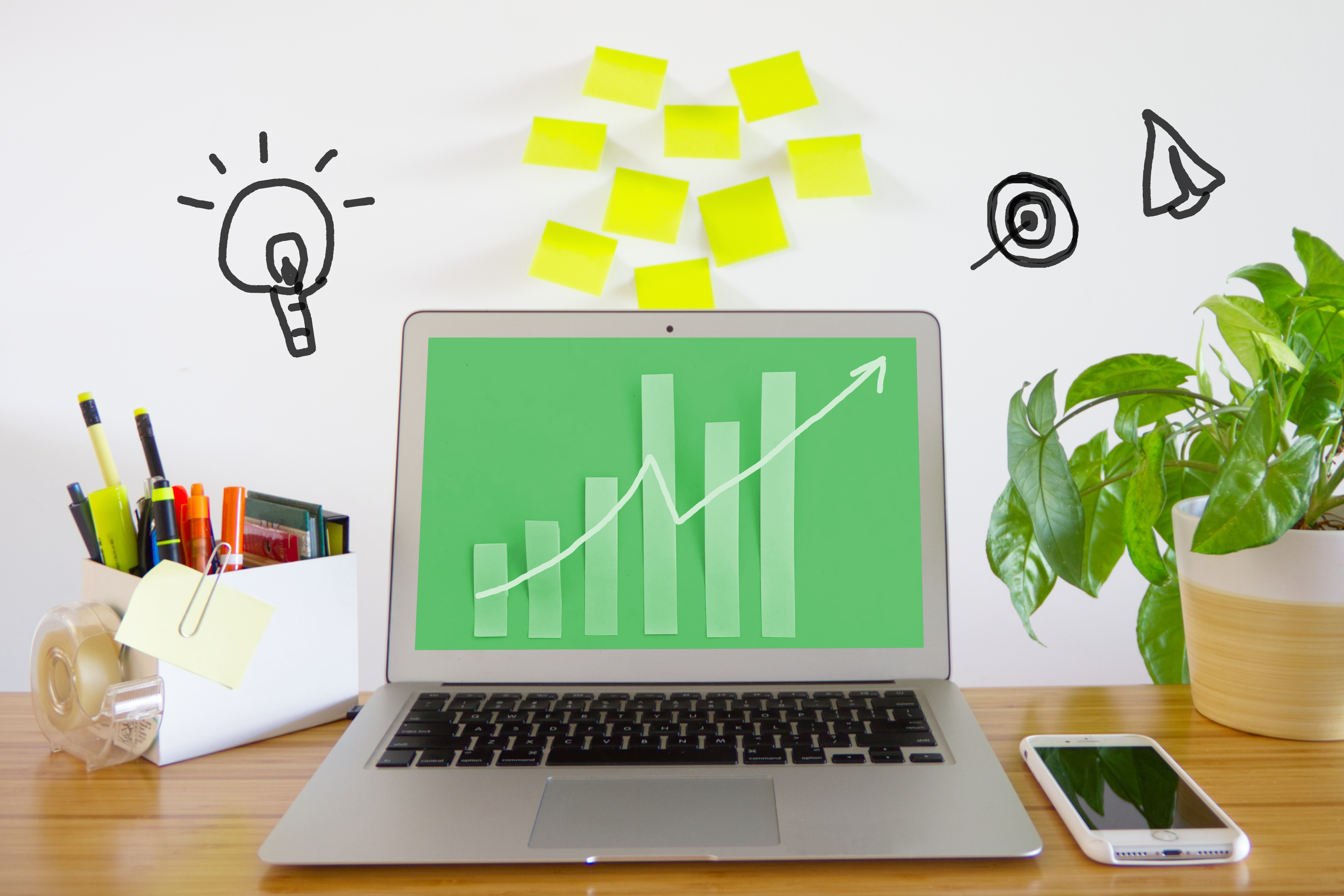 戦略的な運用によって成果が右肩上がりに成長するオウンドメディアのイメージ。アイデアを形にして目標達成(KPI)を目指す様子を表現。