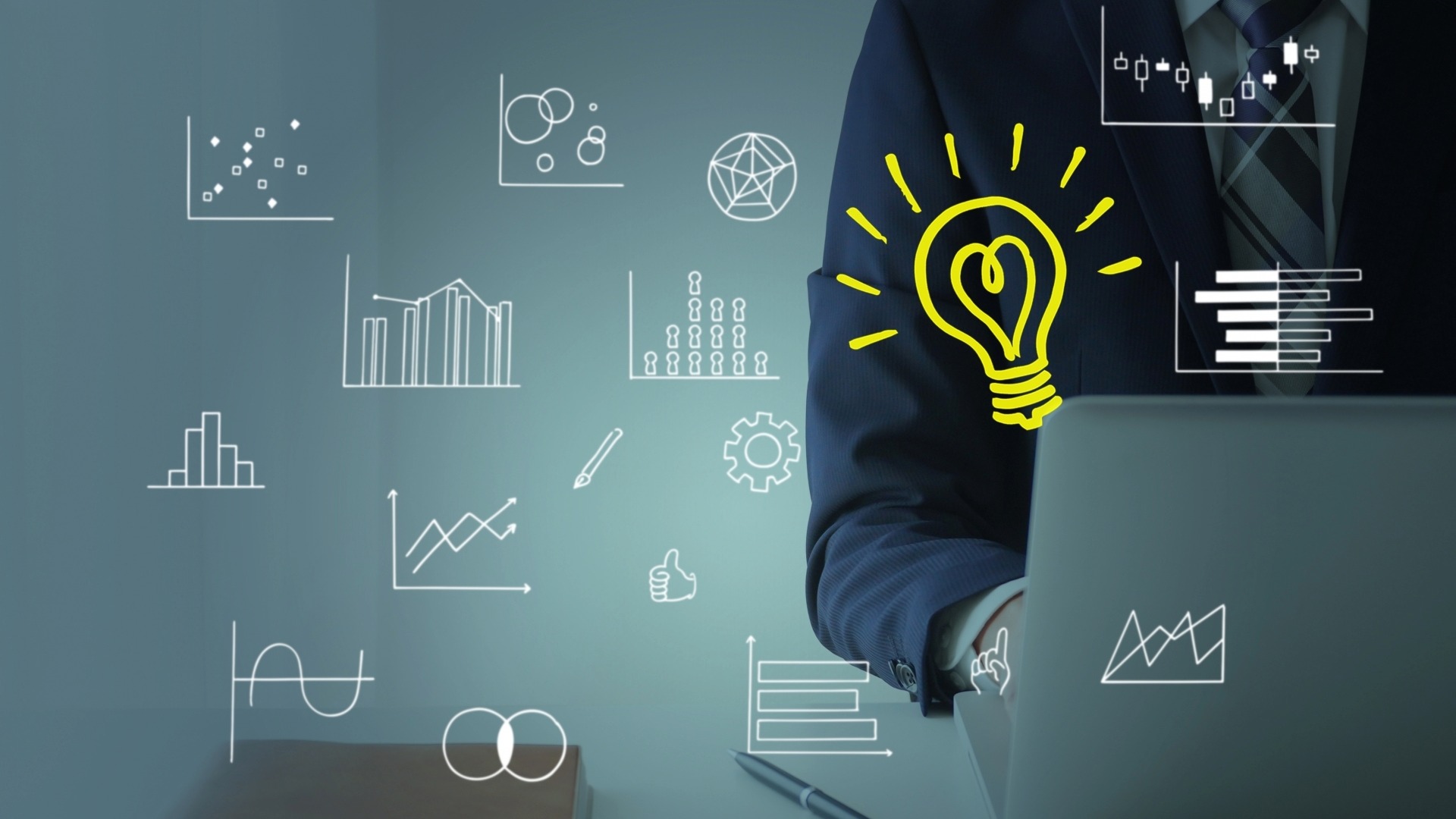 データ分析に基づいたSEOのアイデアや、オウンドメディアの戦略立案を象徴する、電球アイコンとグラフ図解の合成イメージ
