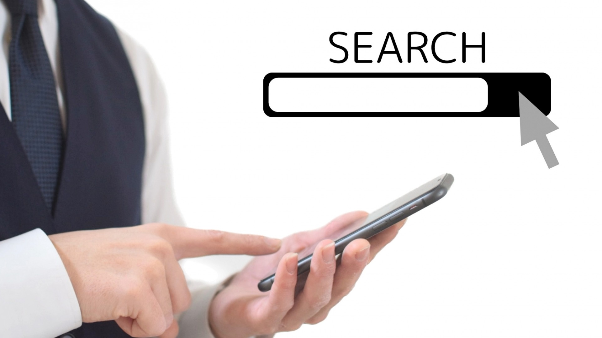 オウンドメディアSEOの基本である「ユーザーの検索行動」をイメージし、スマホを操作する手元に検索バーを重ねたコンセプト
